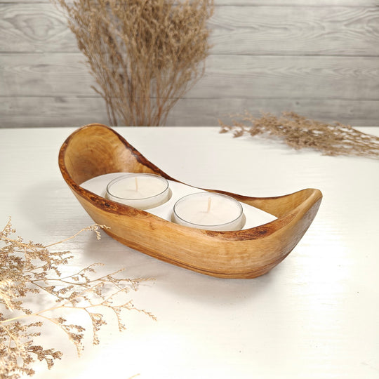 Teelicht-Kerze in Olivenholz-Boot, BRTC-S-00011, L 23cm, 60mm Teelicht