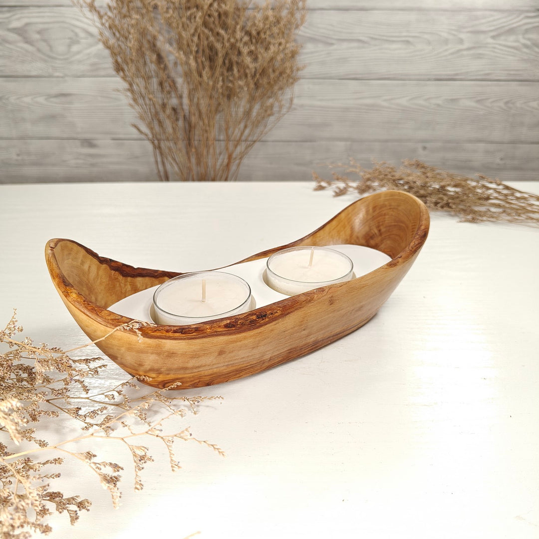 Teelicht-Kerze in Olivenholz-Boot, BRTC-S-00011, L 23cm, 60mm Teelicht