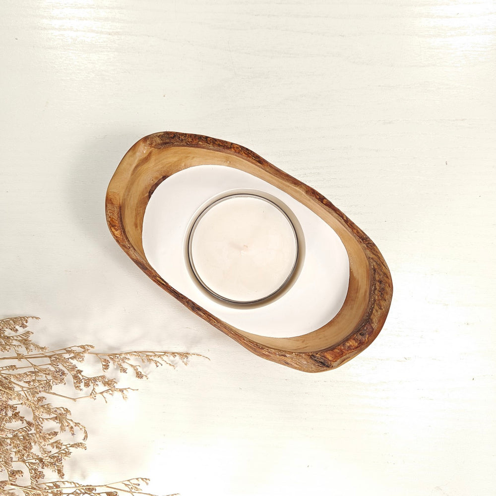 Teelicht-Kerze in Olivenholz-Boot, BRTC-S-00012, L 14cm, 60mm Teelicht