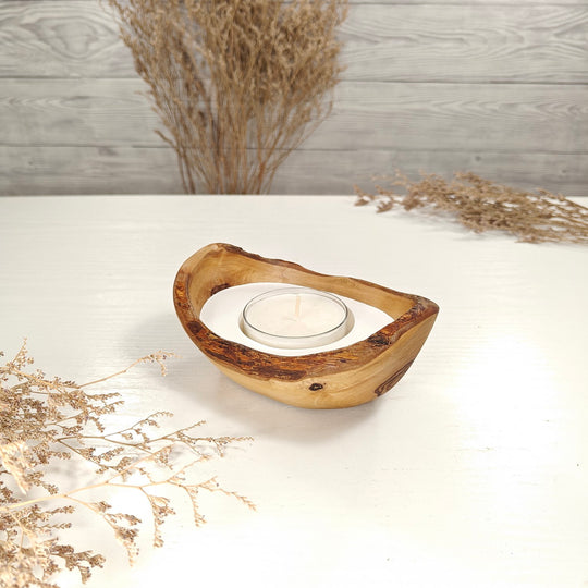 Teelicht-Kerze in Olivenholz-Boot, BRTC-S-00012, L 14cm, 60mm Teelicht
