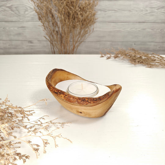 Teelicht-Kerze in Olivenholz-Boot, BRTC-S-00012, L 14cm, 60mm Teelicht