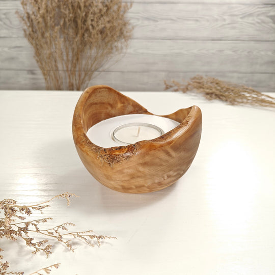 Teelicht-Kerze in Olivenholzschale, TRC-L-00039, D 14cm, 60mm Teelicht