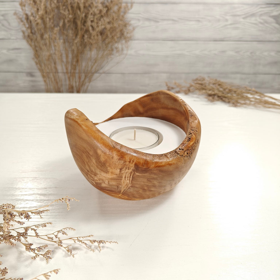 Teelicht-Kerze in Olivenholzschale, TRC-L-00039, D 14cm, 60mm Teelicht