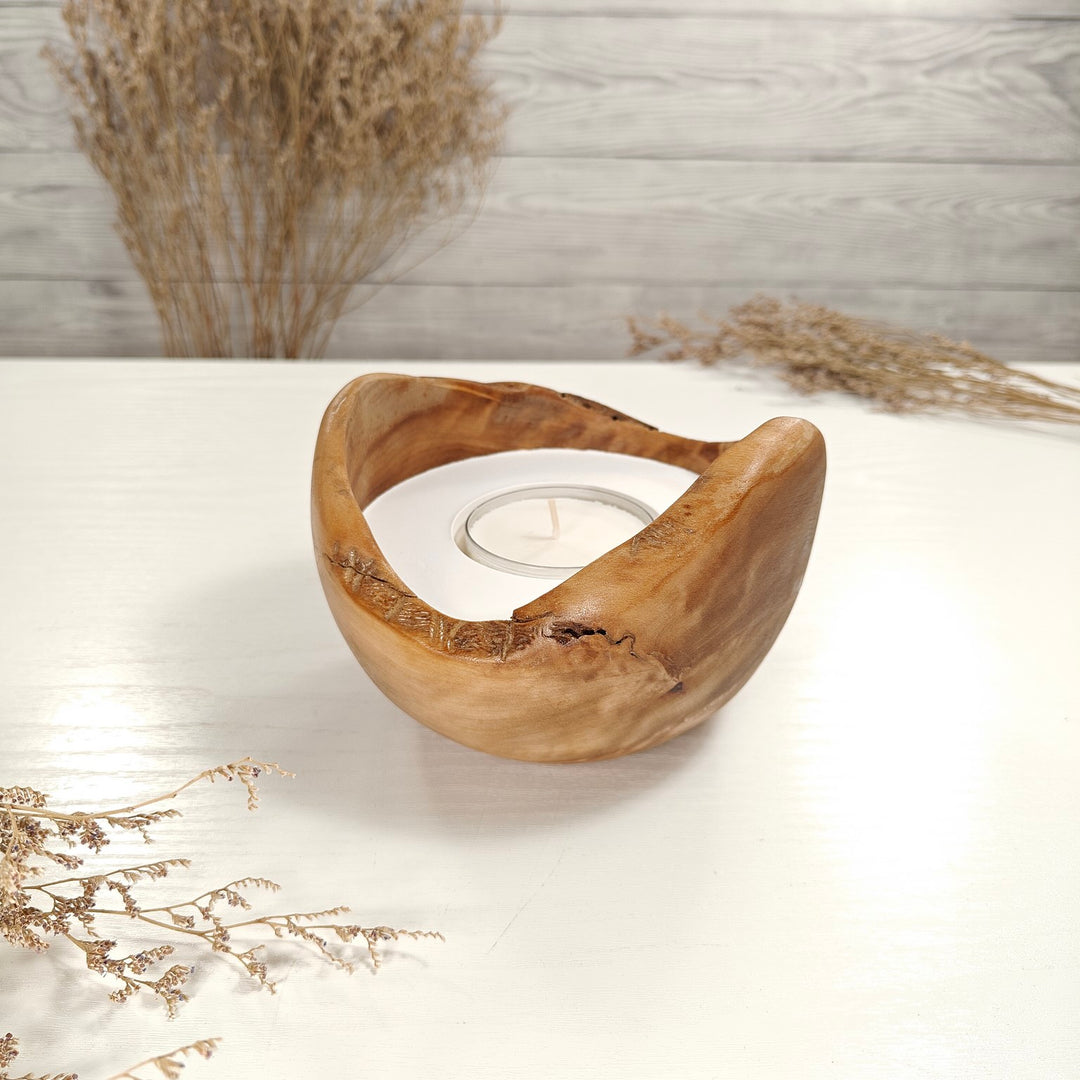 Teelicht-Kerze in Olivenholzschale, TRC-L-00039, D 14cm, 60mm Teelicht
