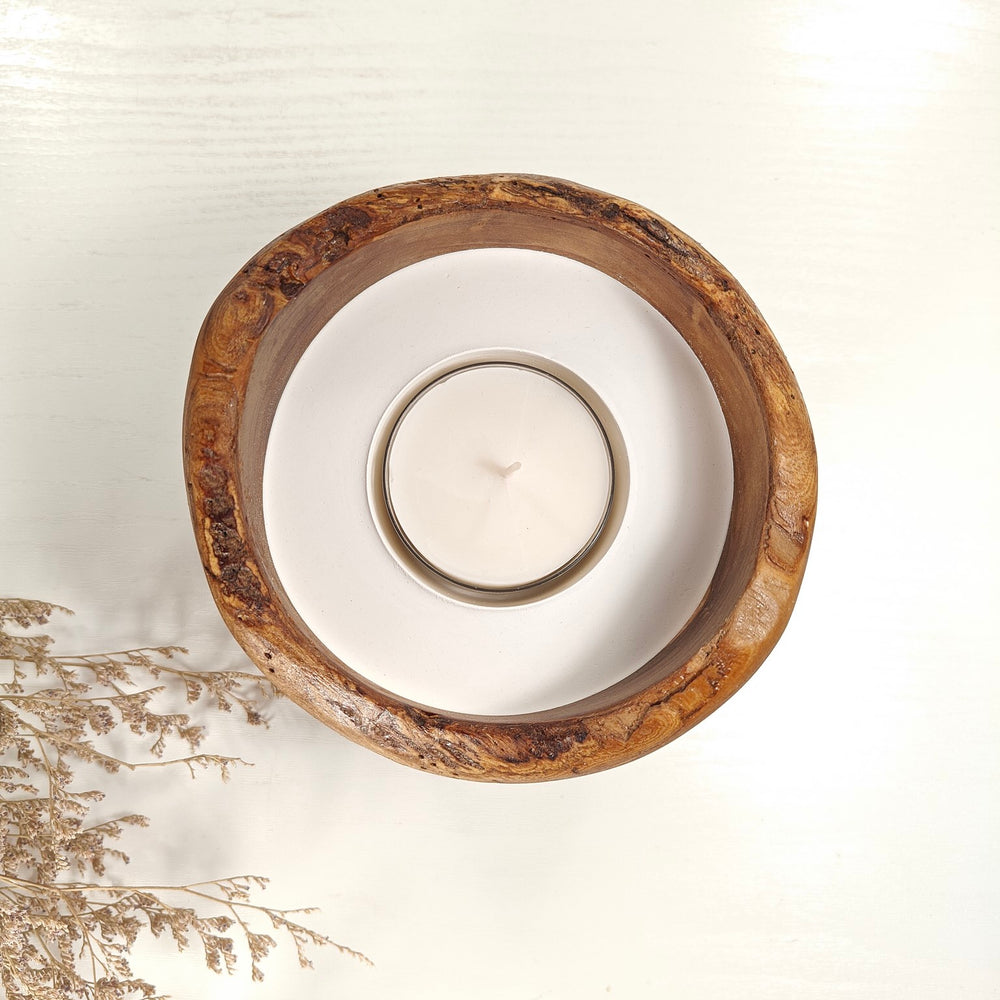 Teelicht-Kerze in Olivenholzschale, TRC-L-00077, D 14cm, 60mm Teelicht
