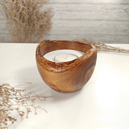 Teelicht-Kerze in Olivenholzschale, TRC-L-00077, D 14cm, 60mm Teelicht