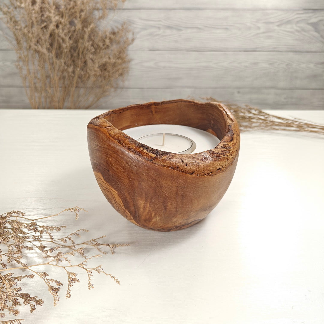 Teelicht-Kerze in Olivenholzschale, TRC-L-00077, D 14cm, 60mm Teelicht