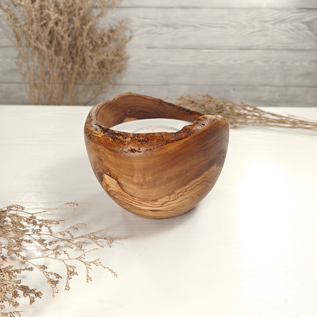 Teelicht-Kerze in Olivenholzschale, TRC-L-00077, D 14cm, 60mm Teelicht