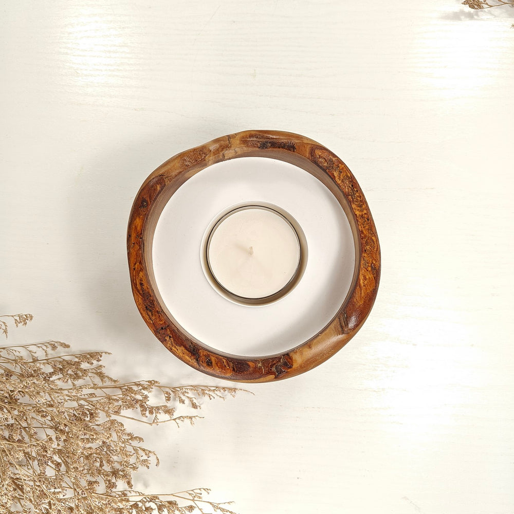 Teelicht-Kerze in Olivenholzschale, TRC-L-00134, D 14cm, 60mm Teelicht