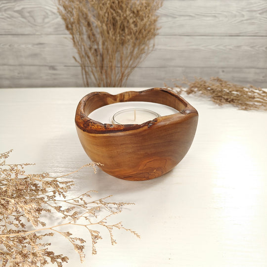 Teelicht-Kerze in Olivenholzschale, TRC-L-00134, D 14cm, 60mm Teelicht