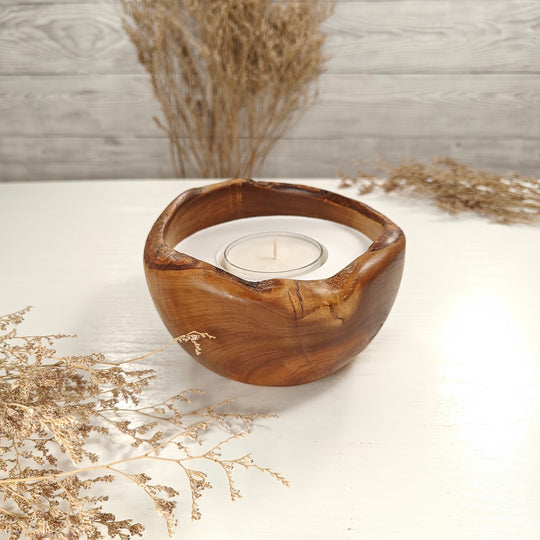 Teelicht-Kerze in Olivenholzschale, TRC-L-00134, D 14cm, 60mm Teelicht