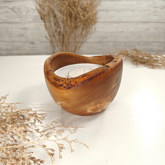 Teelicht-Kerze in Olivenholzschale, TRC-L-00135, D 13cm, 60mm Teelicht