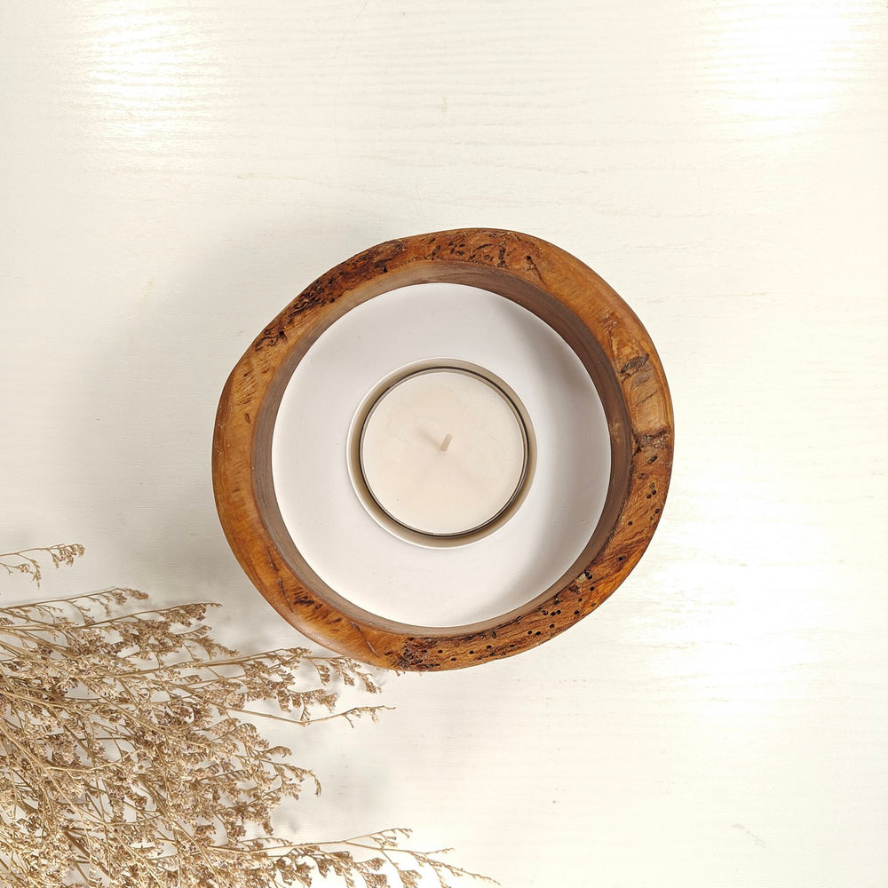 Teelicht-Kerze in Olivenholzschale, TRC-L-00135, D 13cm, 60mm Teelicht