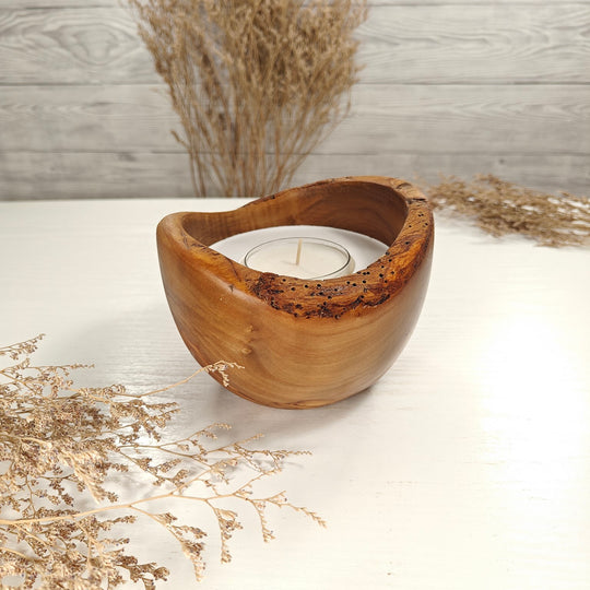 Teelicht-Kerze in Olivenholzschale, TRC-L-00135, D 13cm, 60mm Teelicht