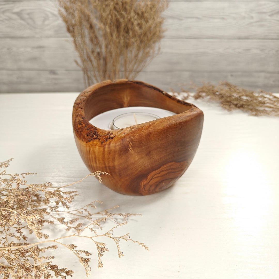 Teelicht-Kerze in Olivenholzschale, TRC-L-00135, D 13cm, 60mm Teelicht