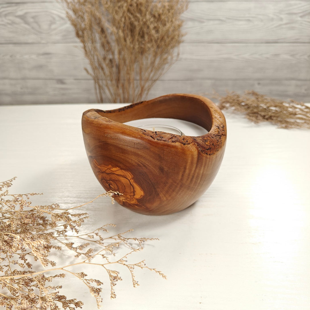 Teelicht-Kerze in Olivenholzschale, TRC-L-00135, D 13cm, 60mm Teelicht