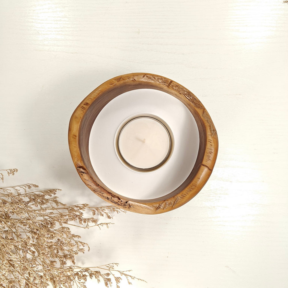 Teelicht-Kerze in Olivenholzschale, TRC-L-00136, D 13cm, 60mm Teelicht