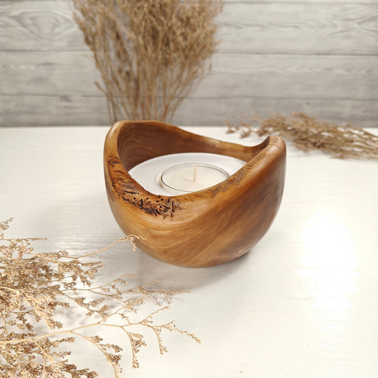 Teelicht-Kerze in Olivenholzschale, TRC-L-00136, D 13cm, 60mm Teelicht