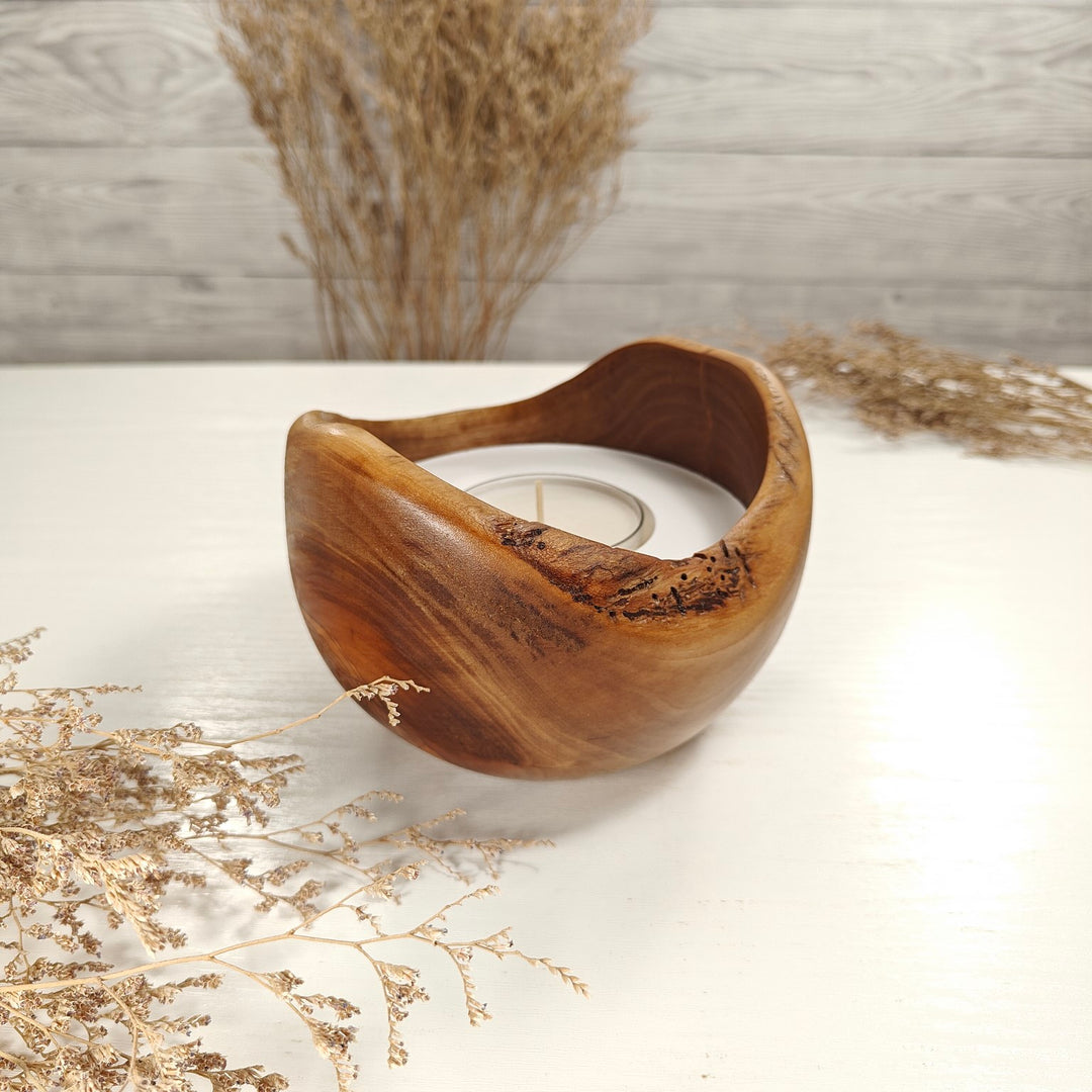 Teelicht-Kerze in Olivenholzschale, TRC-L-00136, D 13cm, 60mm Teelicht