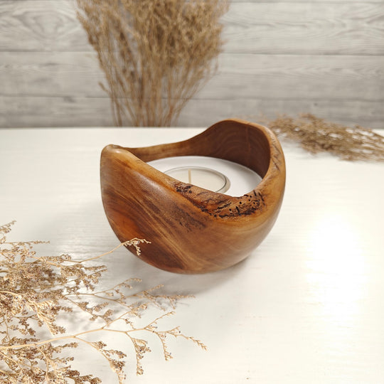 Teelicht-Kerze in Olivenholzschale, TRC-L-00136, D 13cm, 60mm Teelicht
