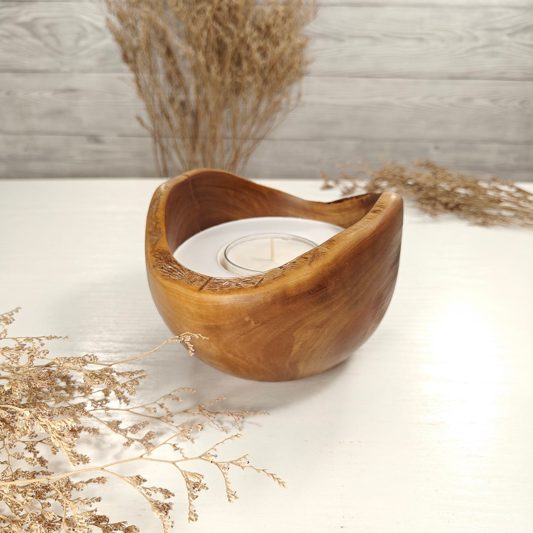 Teelicht-Kerze in Olivenholzschale, TRC-L-00136, D 13cm, 60mm Teelicht