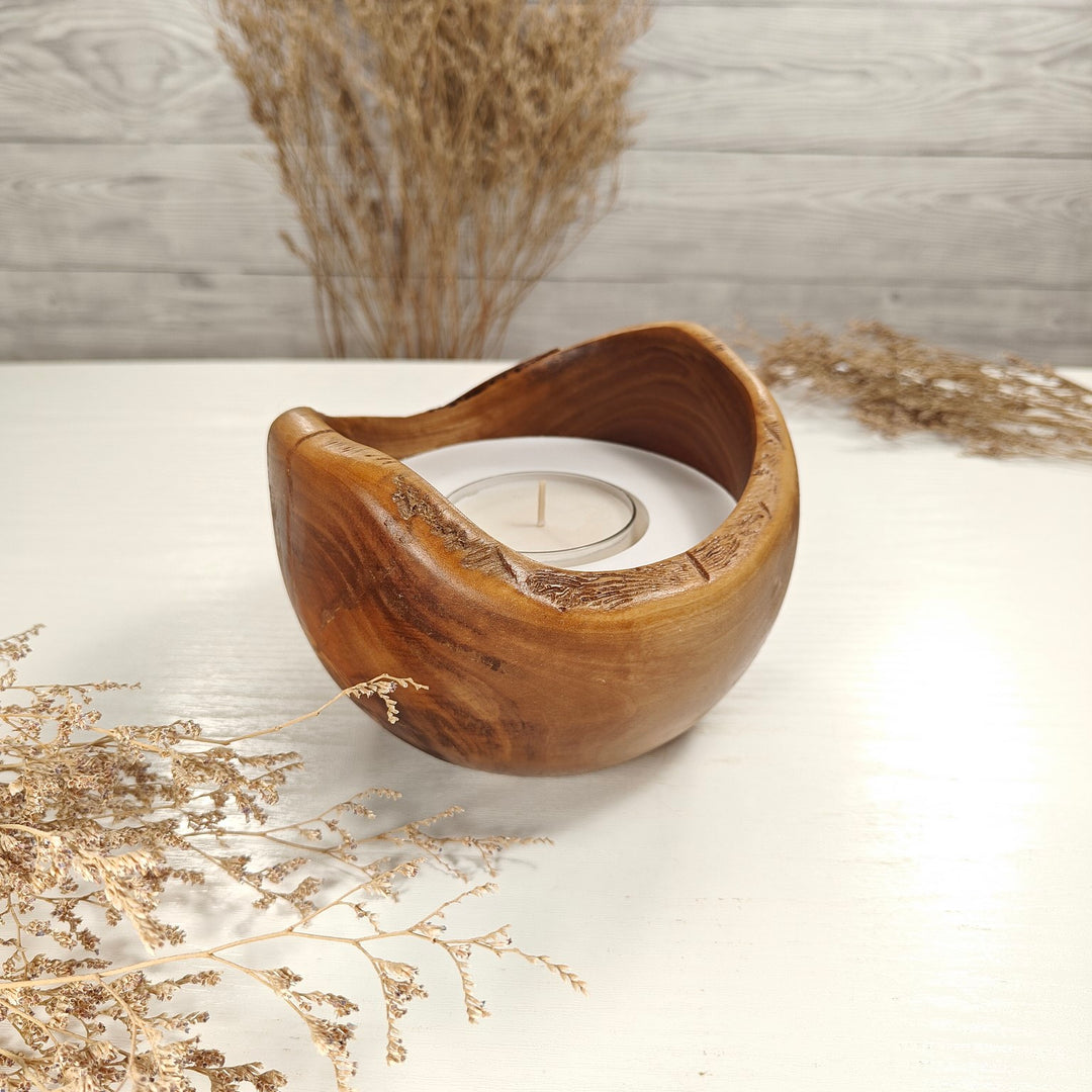 Teelicht-Kerze in Olivenholzschale, TRC-L-00136, D 13cm, 60mm Teelicht