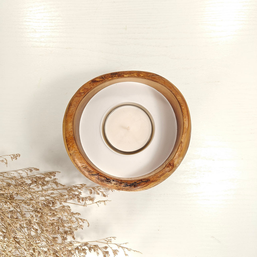 Teelicht-Kerze in Olivenholzschale, TRC-L-00137, D 13cm, 60mm Teelicht
