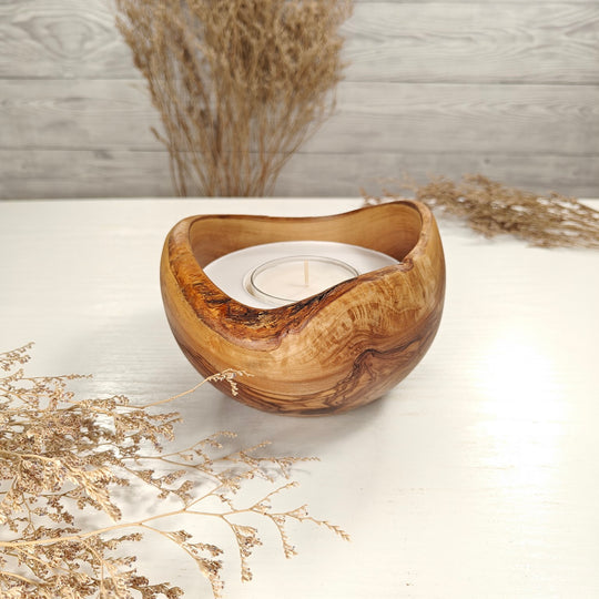 Teelicht-Kerze in Olivenholzschale, TRC-L-00137, D 13cm, 60mm Teelicht