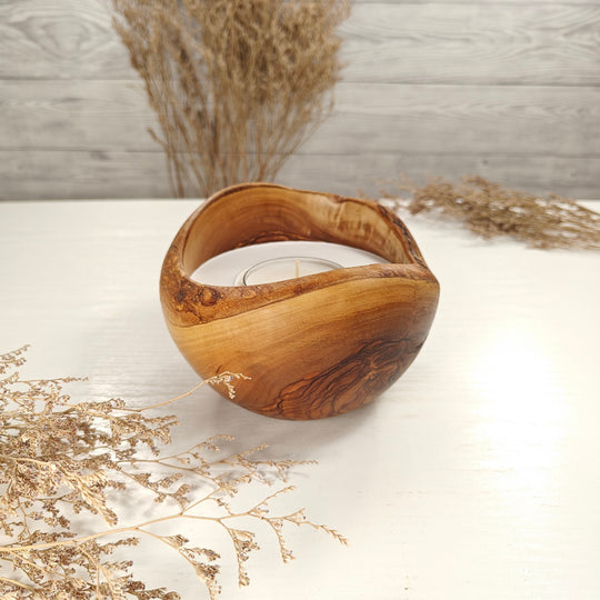 Teelicht-Kerze in Olivenholzschale, TRC-L-00137, D 13cm, 60mm Teelicht