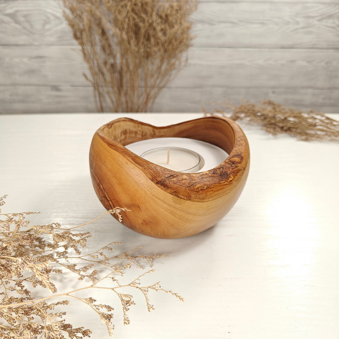 Teelicht-Kerze in Olivenholzschale, TRC-L-00137, D 13cm, 60mm Teelicht