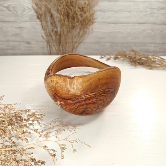 Teelicht-Kerze in Olivenholzschale, TRC-L-00137, D 13cm, 60mm Teelicht