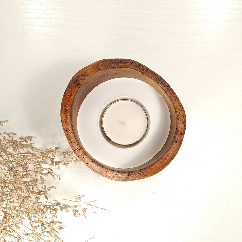 Teelicht-Kerze in Olivenholzschale, TRC-L-00138, D 13cm, 60mm Teelicht