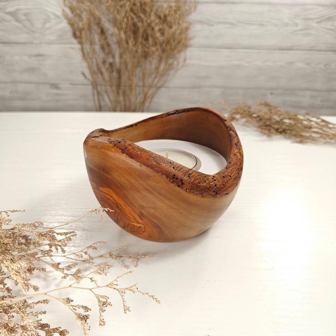 Teelicht-Kerze in Olivenholzschale, TRC-L-00138, D 13cm, 60mm Teelicht