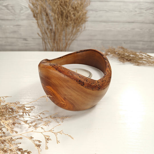 Teelicht-Kerze in Olivenholzschale, TRC-L-00138, D 13cm, 60mm Teelicht