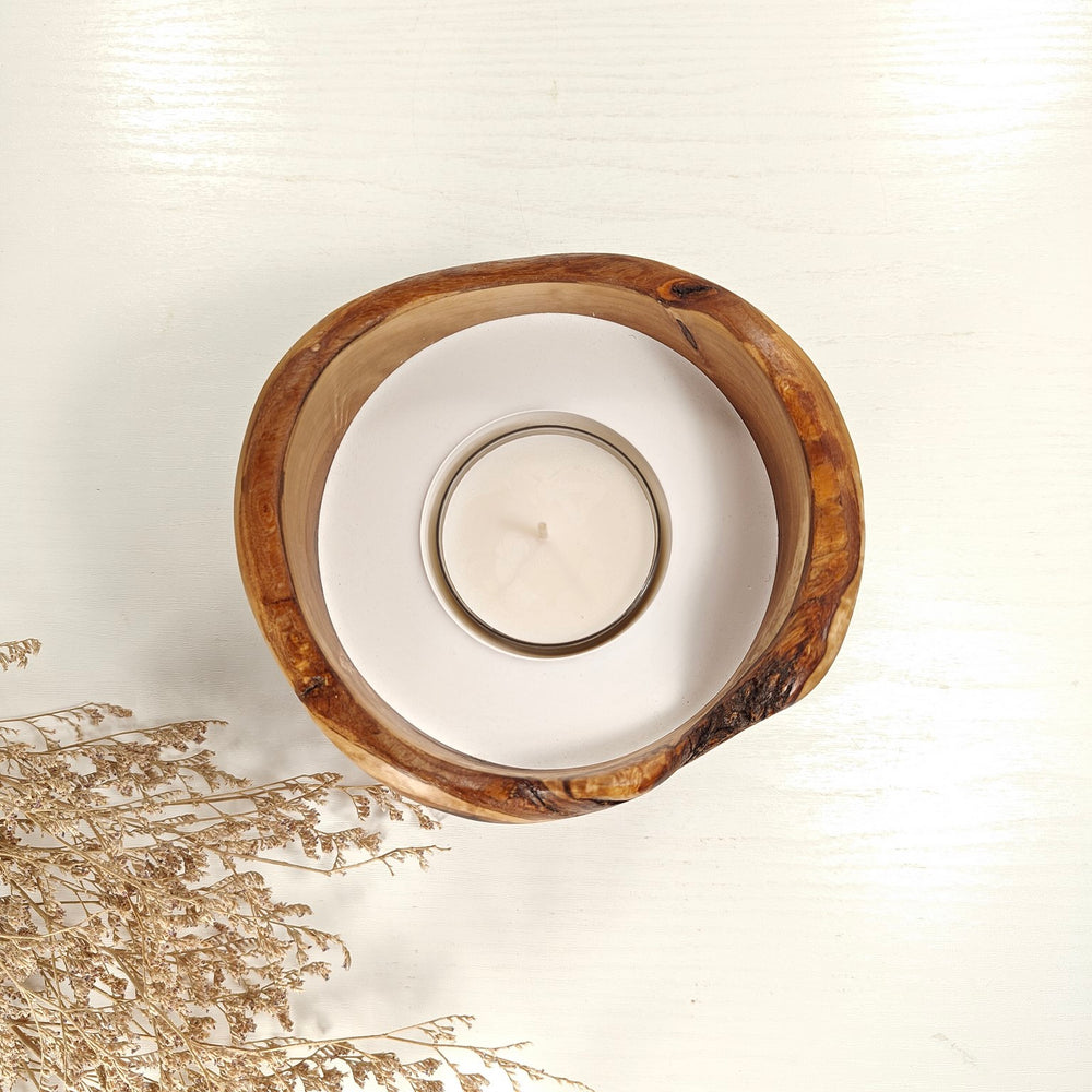Teelicht-Kerze in Olivenholzschale, TRC-L-00139, D 14cm, 60mm Teelicht
