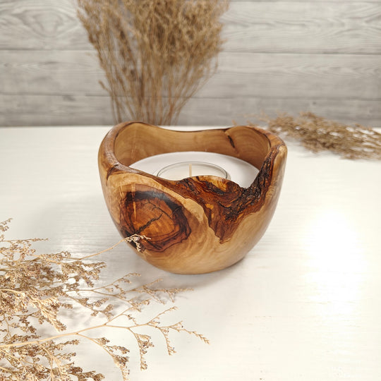 Teelicht-Kerze in Olivenholzschale, TRC-L-00139, D 14cm, 60mm Teelicht