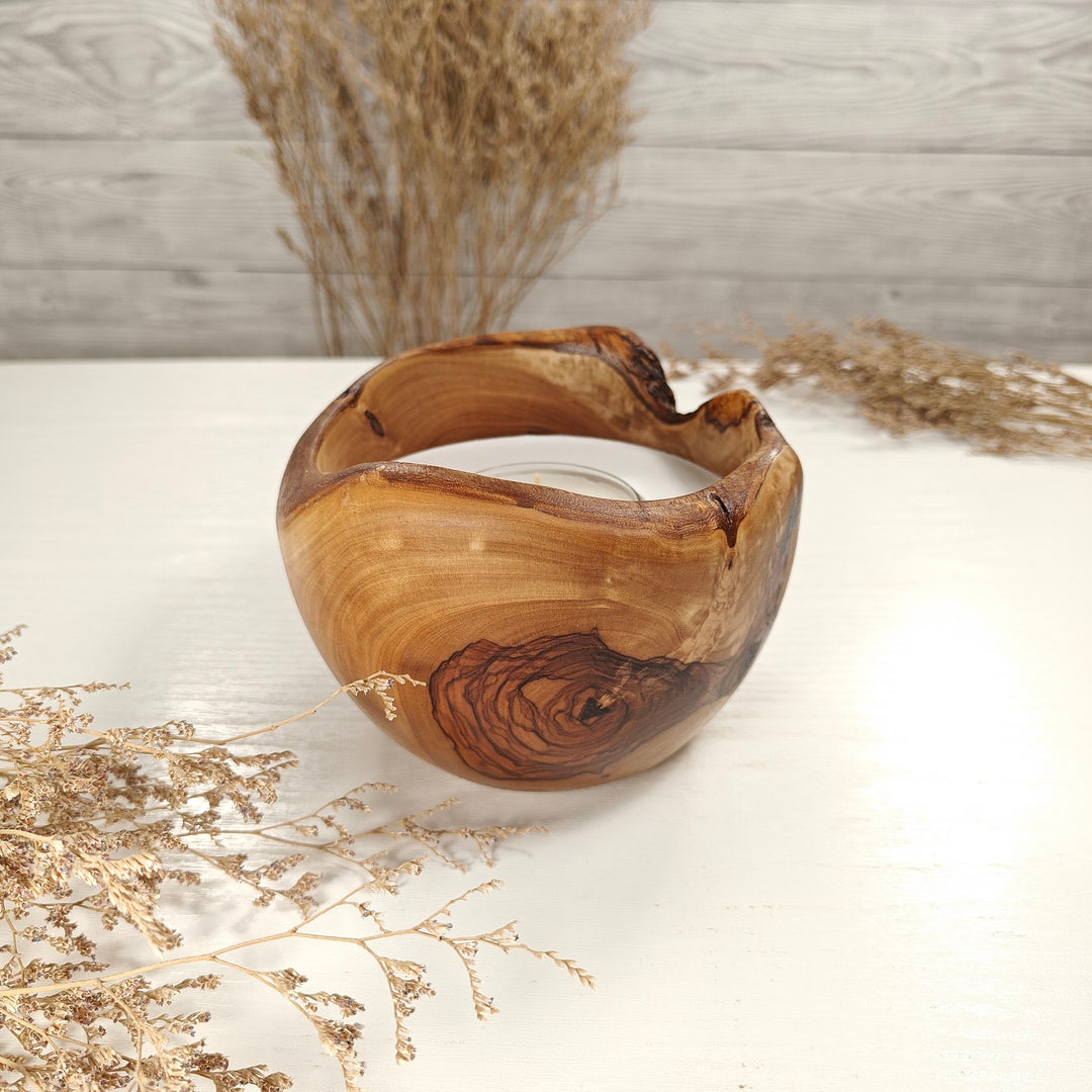 Teelicht-Kerze in Olivenholzschale, TRC-L-00139, D 14cm, 60mm Teelicht