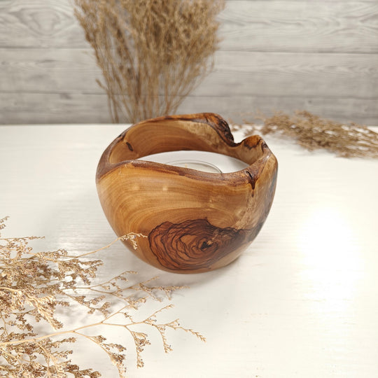 Teelicht-Kerze in Olivenholzschale, TRC-L-00139, D 14cm, 60mm Teelicht