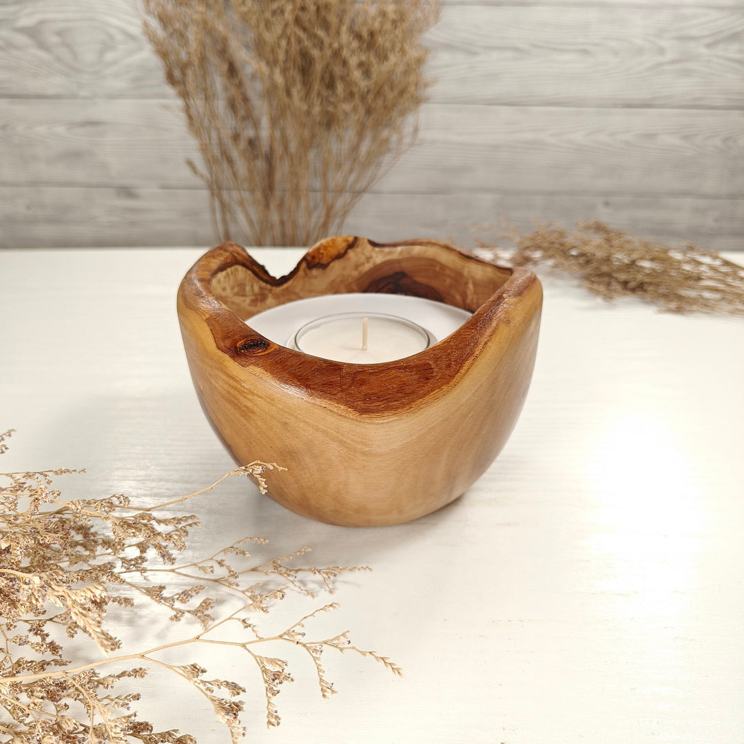 Teelicht-Kerze in Olivenholzschale, TRC-L-00139, D 14cm, 60mm Teelicht