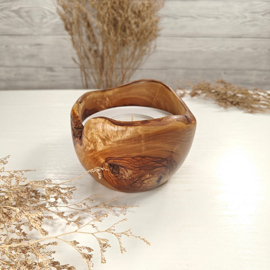 Teelicht-Kerze in Olivenholzschale, TRC-L-00139, D 14cm, 60mm Teelicht