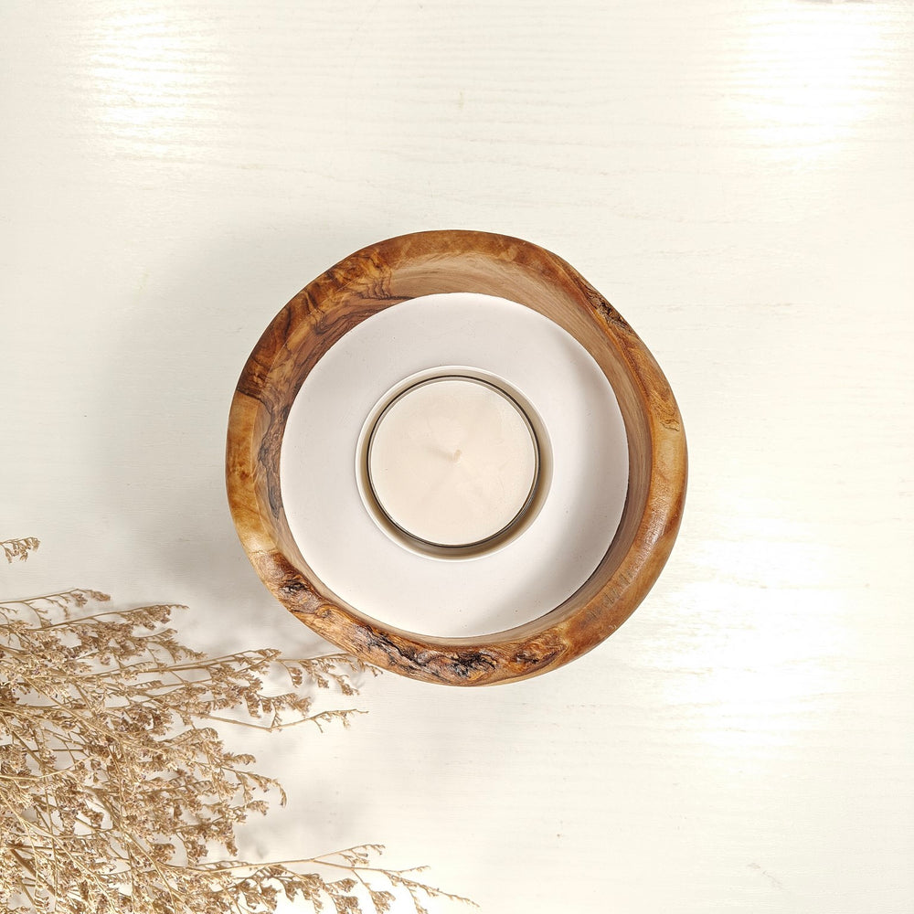 Teelicht-Kerze in Olivenholzschale, TRC-L-00140, D 13cm, 60mm Teelicht