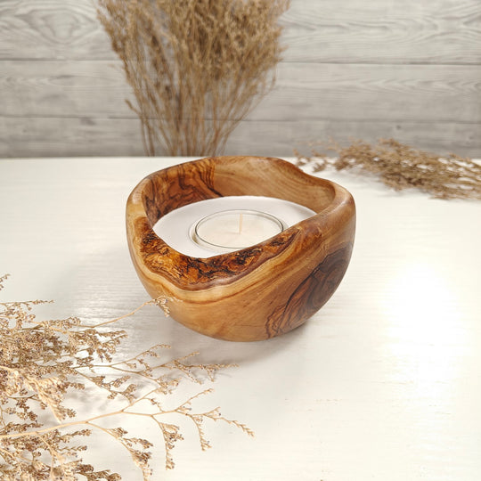 Teelicht-Kerze in Olivenholzschale, TRC-L-00140, D 13cm, 60mm Teelicht