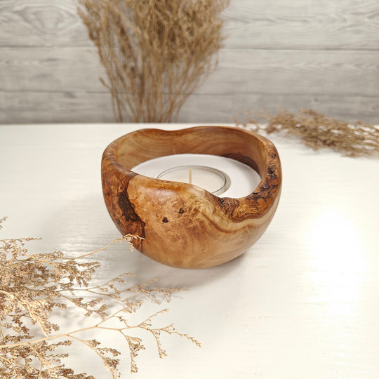 Teelicht-Kerze in Olivenholzschale, TRC-L-00140, D 13cm, 60mm Teelicht