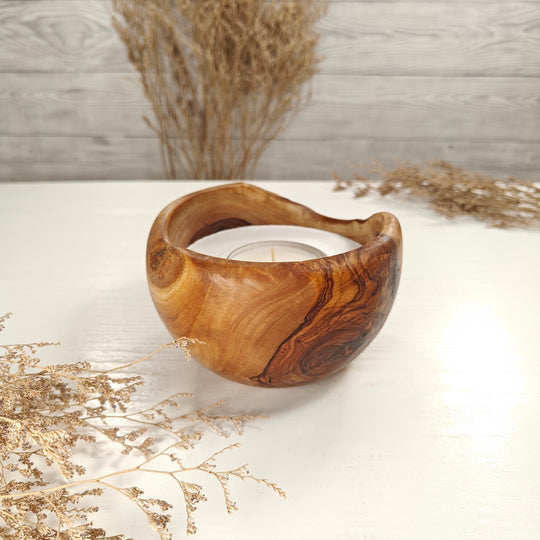 Teelicht-Kerze in Olivenholzschale, TRC-L-00140, D 13cm, 60mm Teelicht