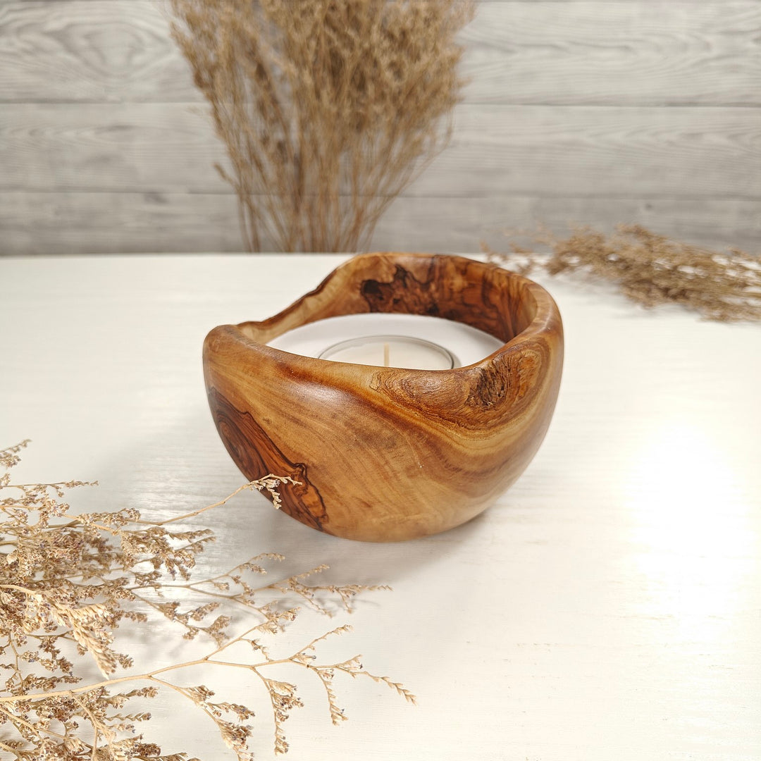 Teelicht-Kerze in Olivenholzschale, TRC-L-00140, D 13cm, 60mm Teelicht