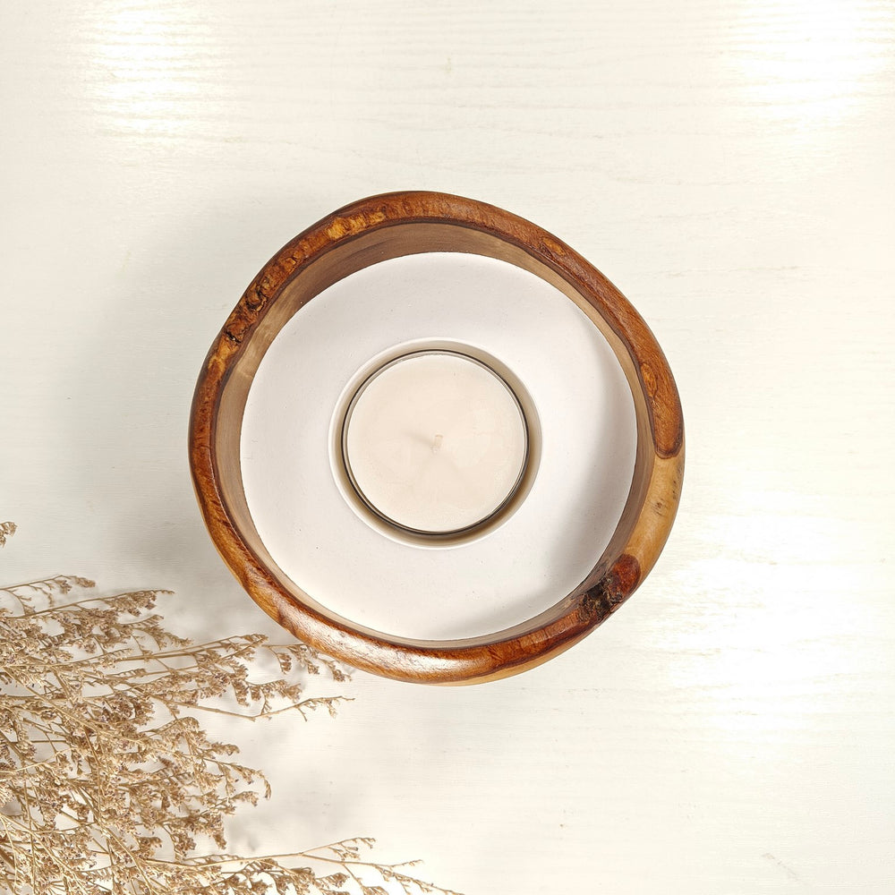 Teelicht-Kerze in Olivenholzschale, TRC-L-00141, D 14cm, 60mm Teelicht