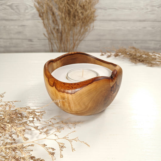 Teelicht-Kerze in Olivenholzschale, TRC-L-00141, D 14cm, 60mm Teelicht