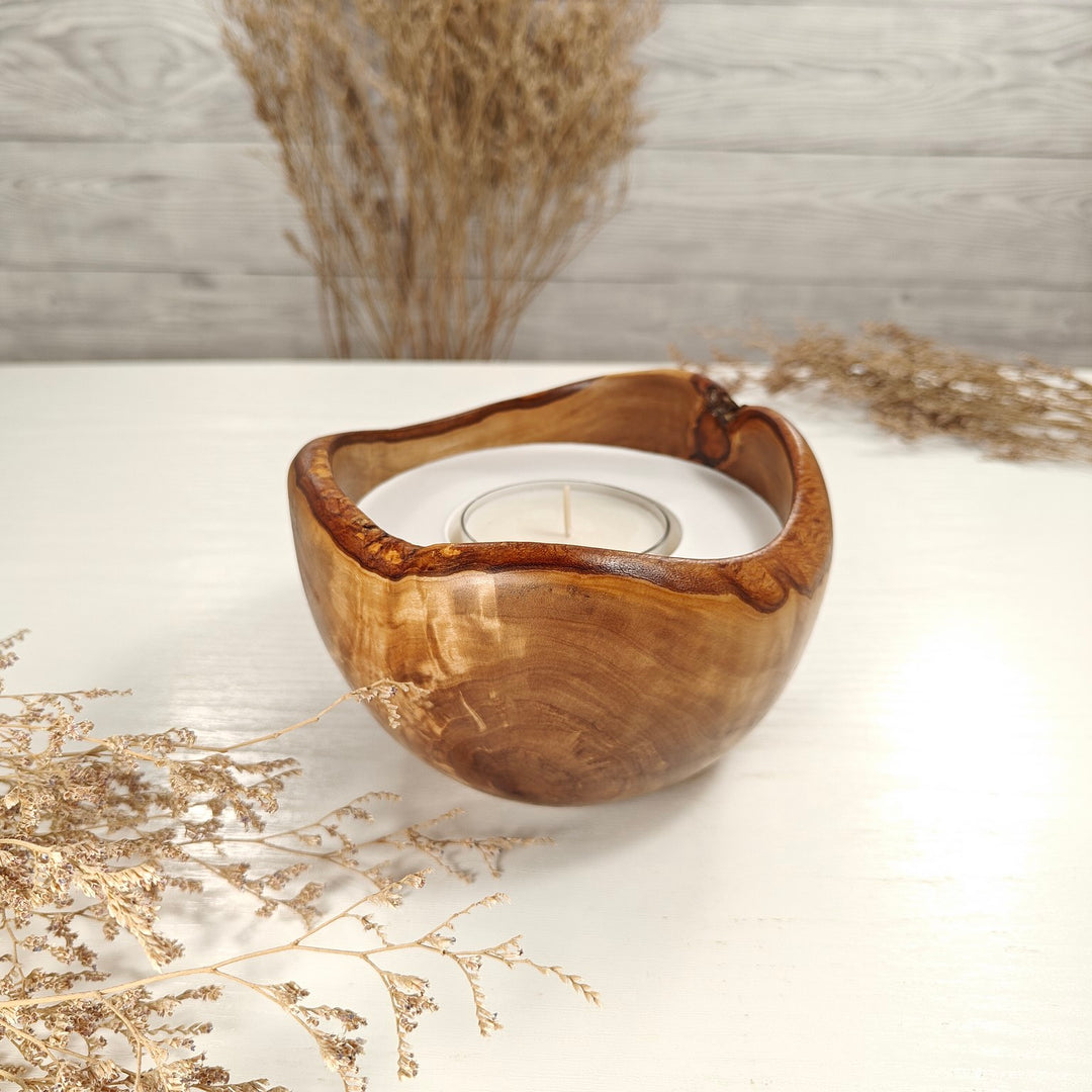 Teelicht-Kerze in Olivenholzschale, TRC-L-00141, D 14cm, 60mm Teelicht