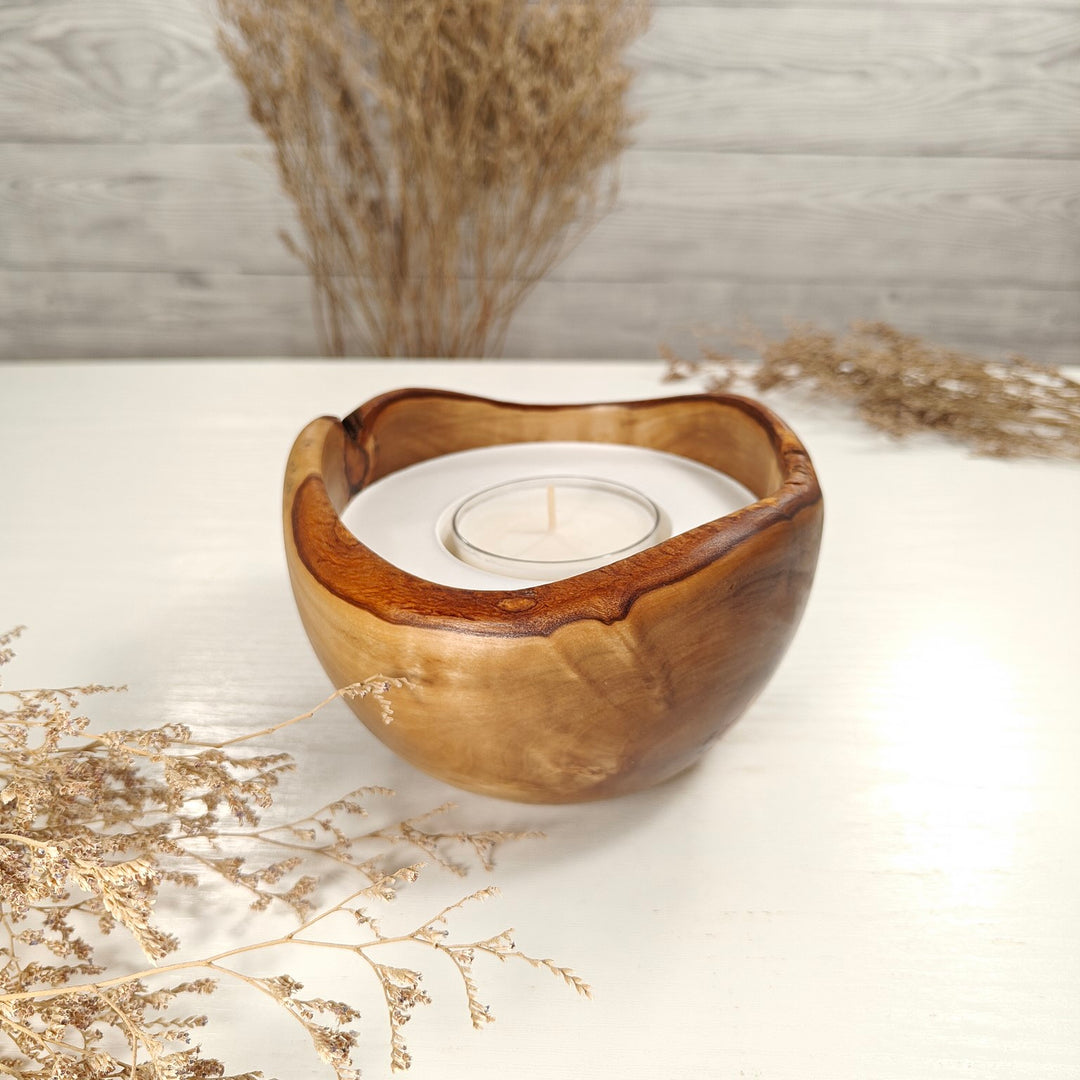 Teelicht-Kerze in Olivenholzschale, TRC-L-00141, D 14cm, 60mm Teelicht