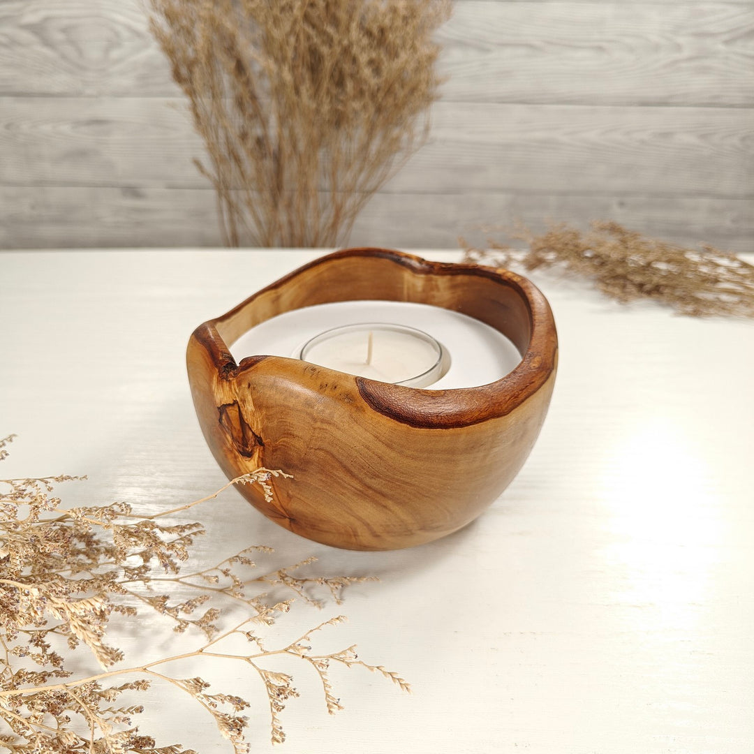 Teelicht-Kerze in Olivenholzschale, TRC-L-00141, D 14cm, 60mm Teelicht